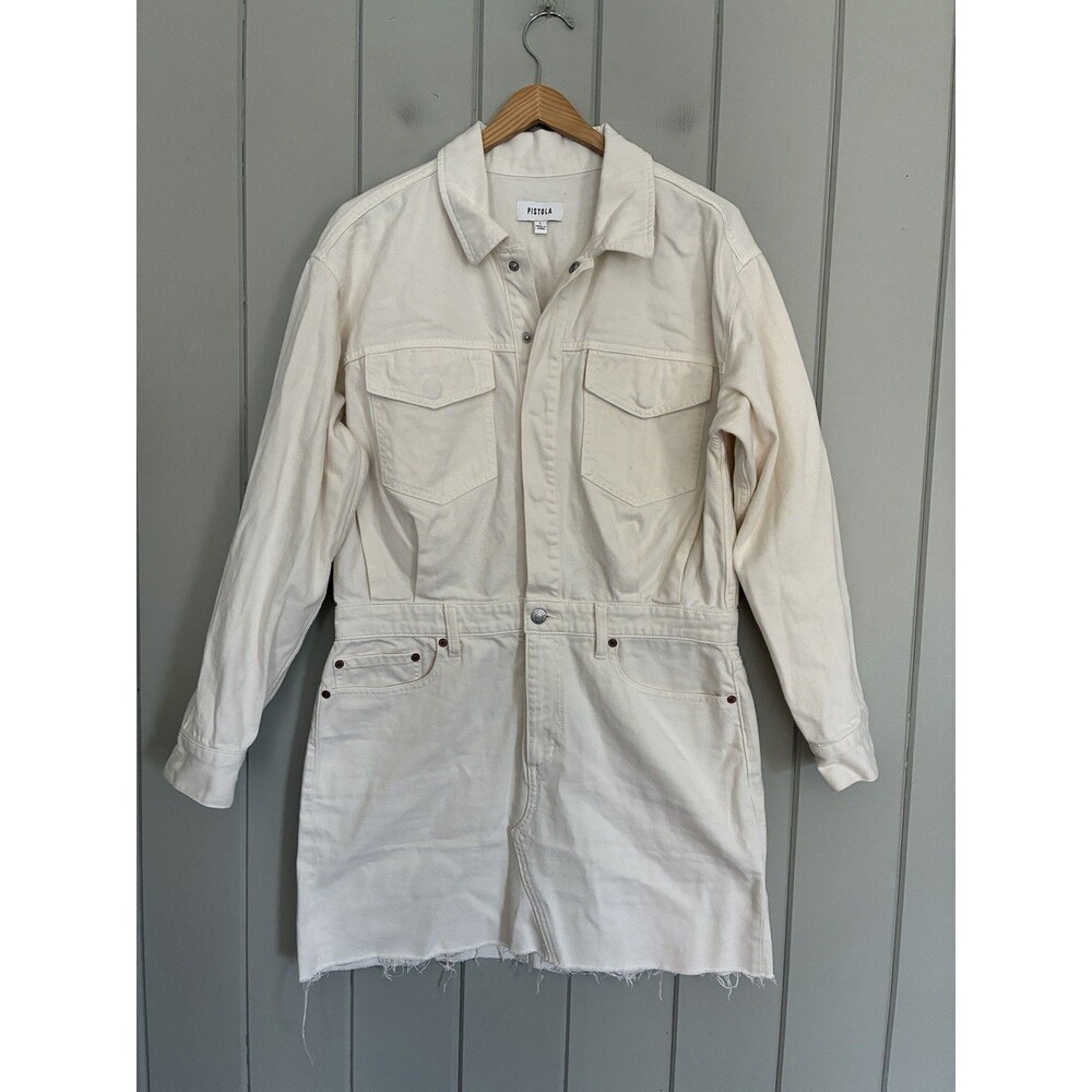 Pistola Nina Long Sleeve Denim Mini Dress L Large Eggshell Ivory Raw Hem Utility